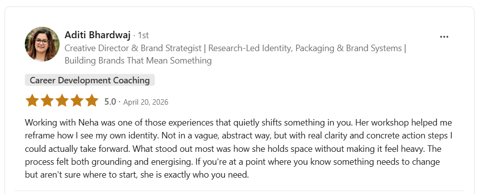 LinkedIn recommendation from Aditi Bhardwaj, Creative Director & Brand Strategist