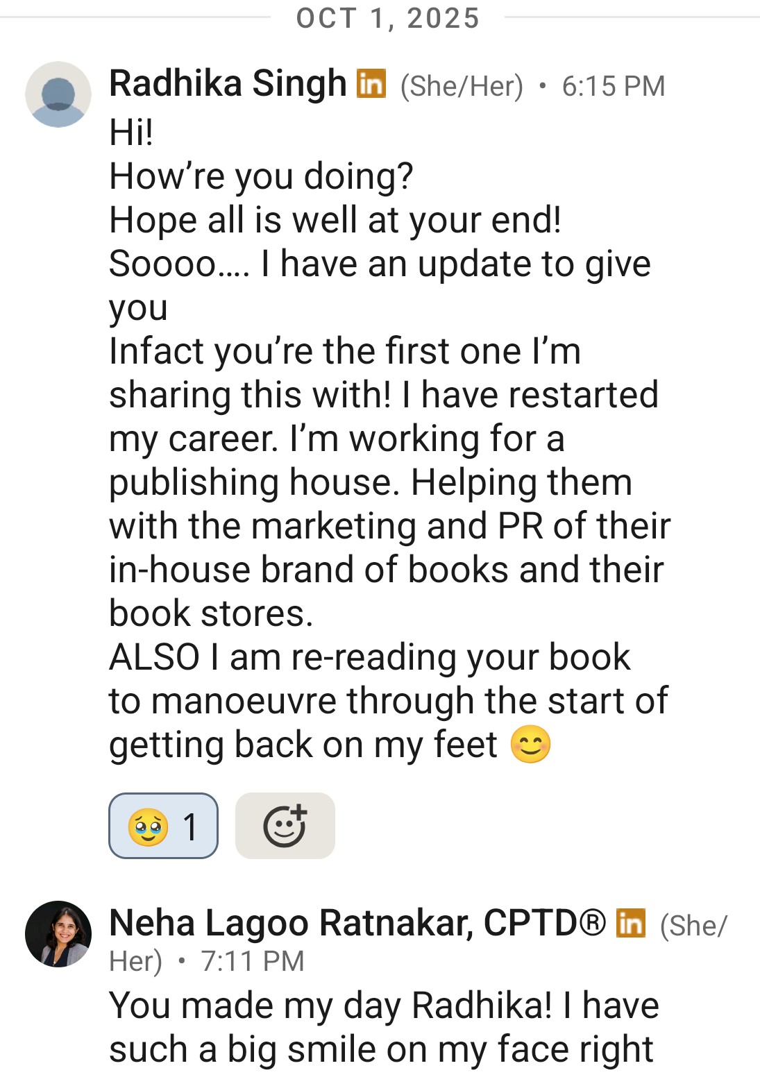 LinkedIn message from Radhika Singh sharing that she restarted her career in marketing and PR after reading Neha's book