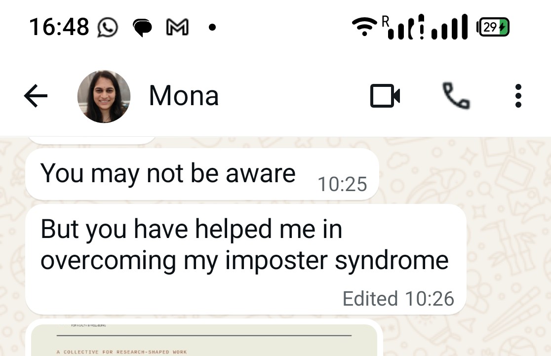 WhatsApp message from a client saying Neha helped her overcome imposter syndrome