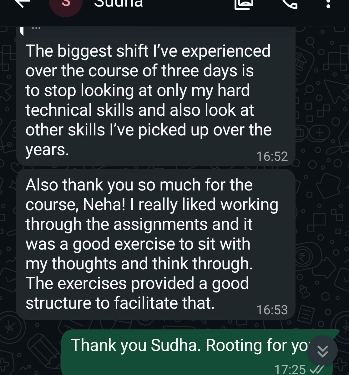 WhatsApp messages from Sudha sharing that the course helped her look beyond her hard technical skills to the broader skills she has built over the years